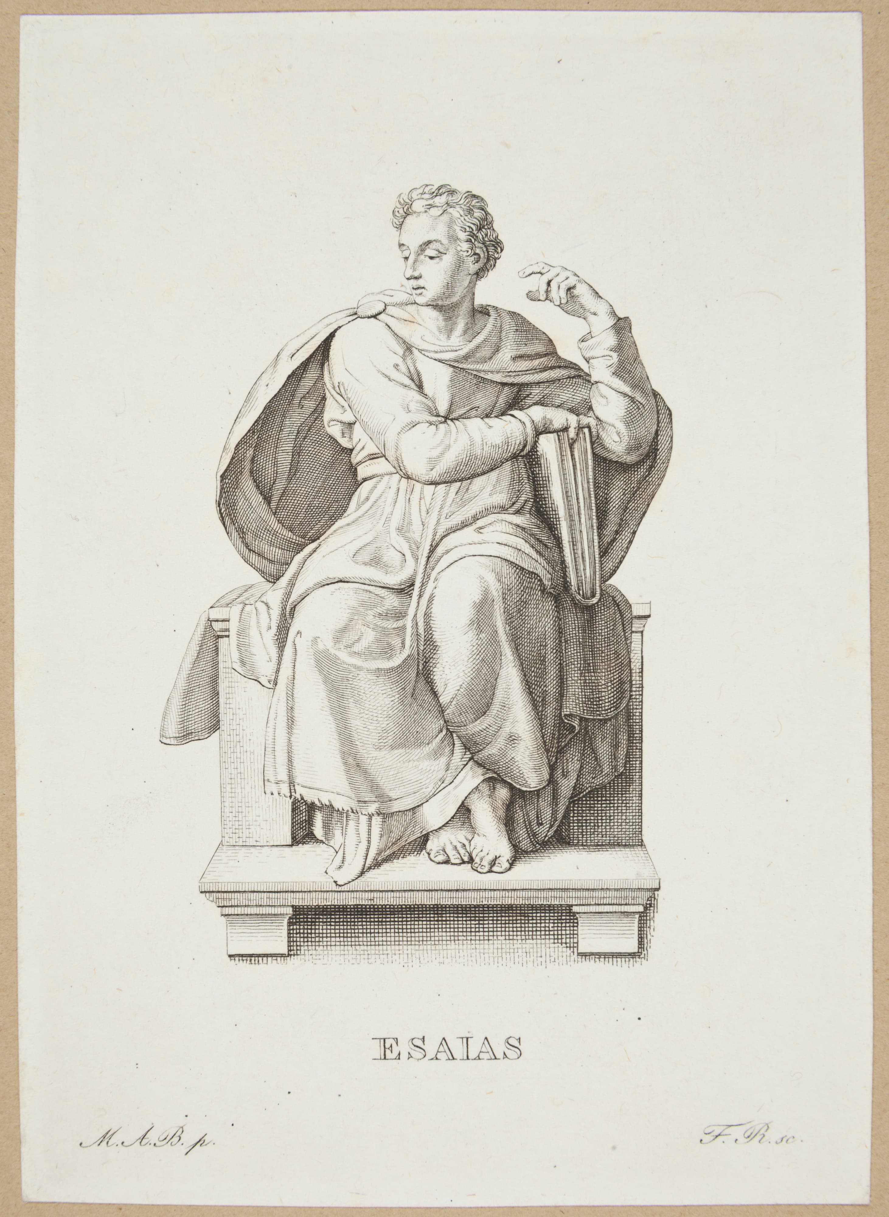 Classical engraving of the prophet Isaiah seated in robes, holding a large closed book.