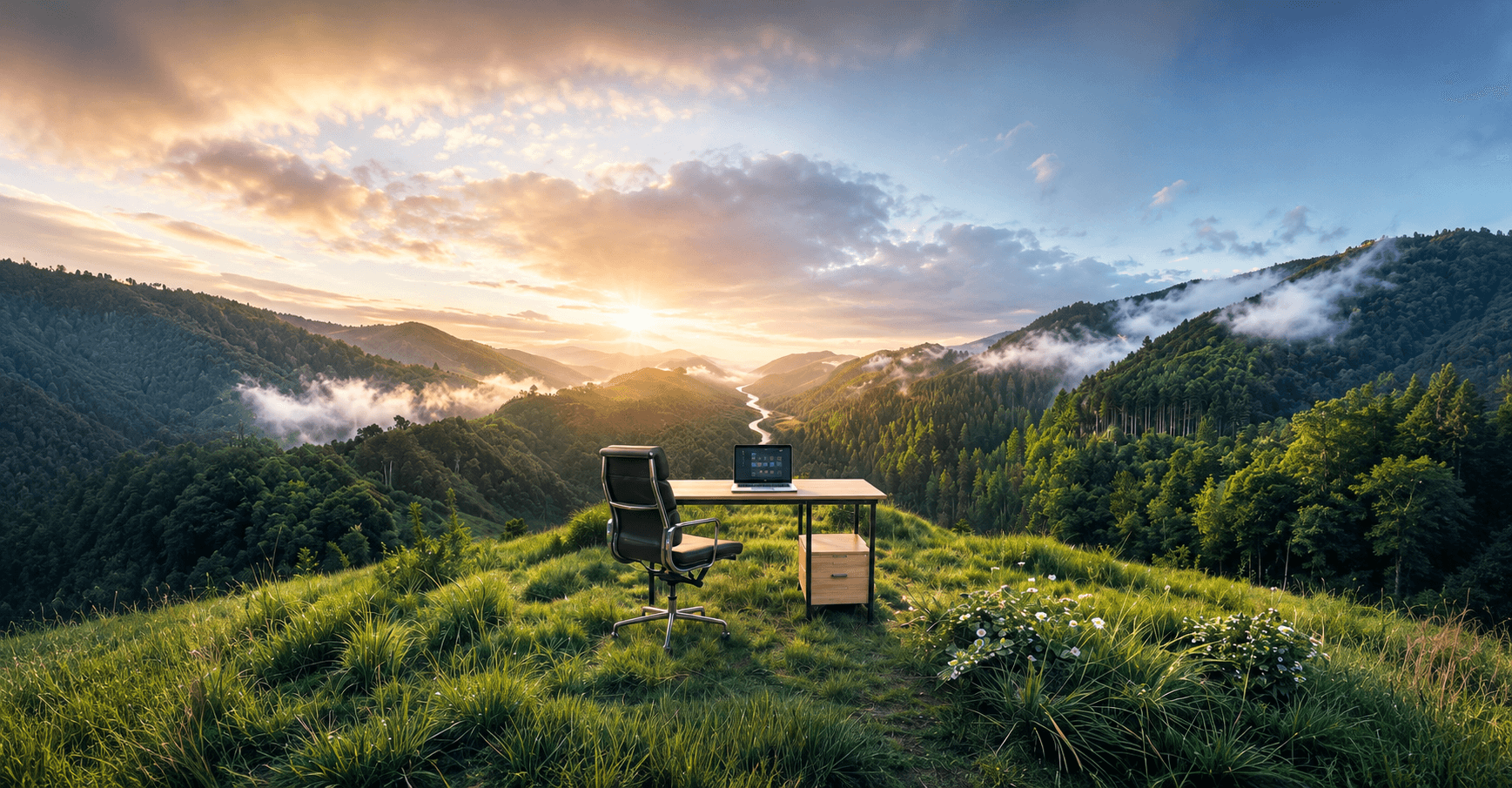 Desk with laptop and chair on a hill overlooking a misty mountain valley at sunrise.